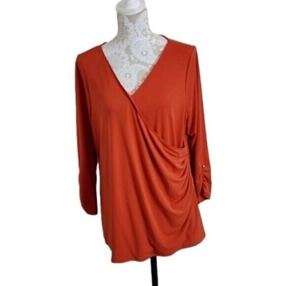 Lane Bryant Top Orange V-neck 3/4 Sleeve Pleated Stretchy Women's 18 20 - Picture 1 of 5